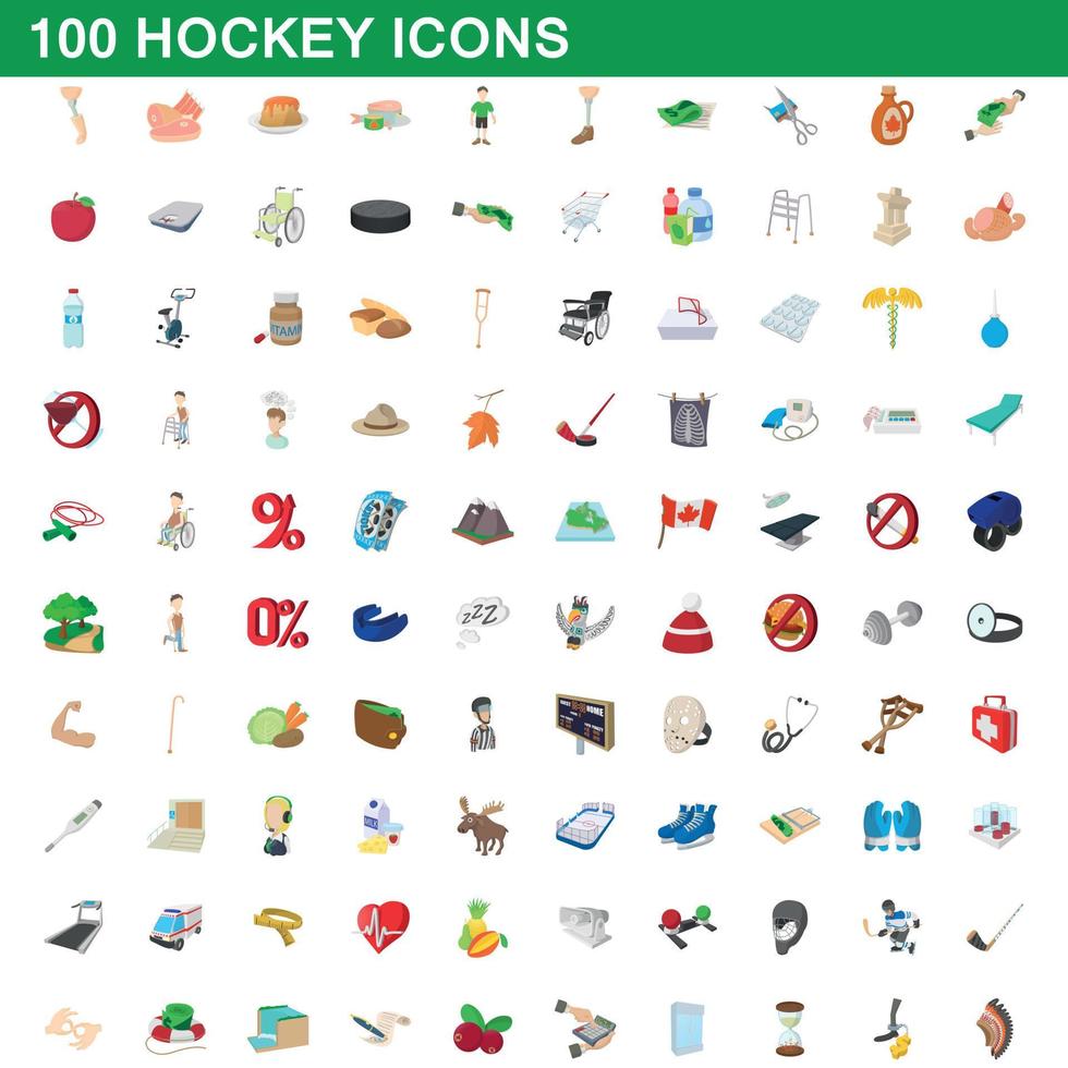 Jeu de 100 icônes de hockey, style dessin animé vecteur