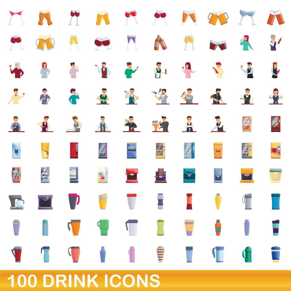 Ensemble de 100 icônes de boisson, style dessin animé vecteur