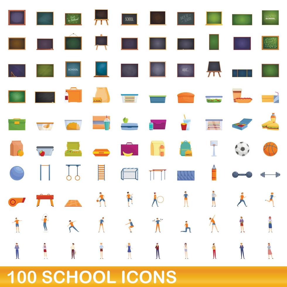 Ensemble de 100 icônes d'école, style cartoon vecteur