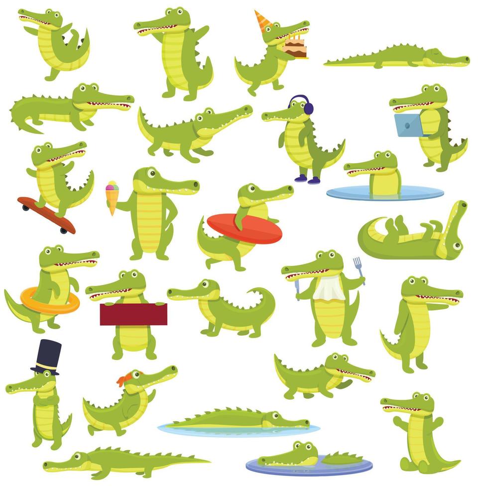 jeu d'icônes de crocodile, style dessin animé vecteur