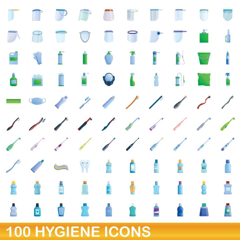 Ensemble de 100 icônes d'hygiène, style cartoon vecteur