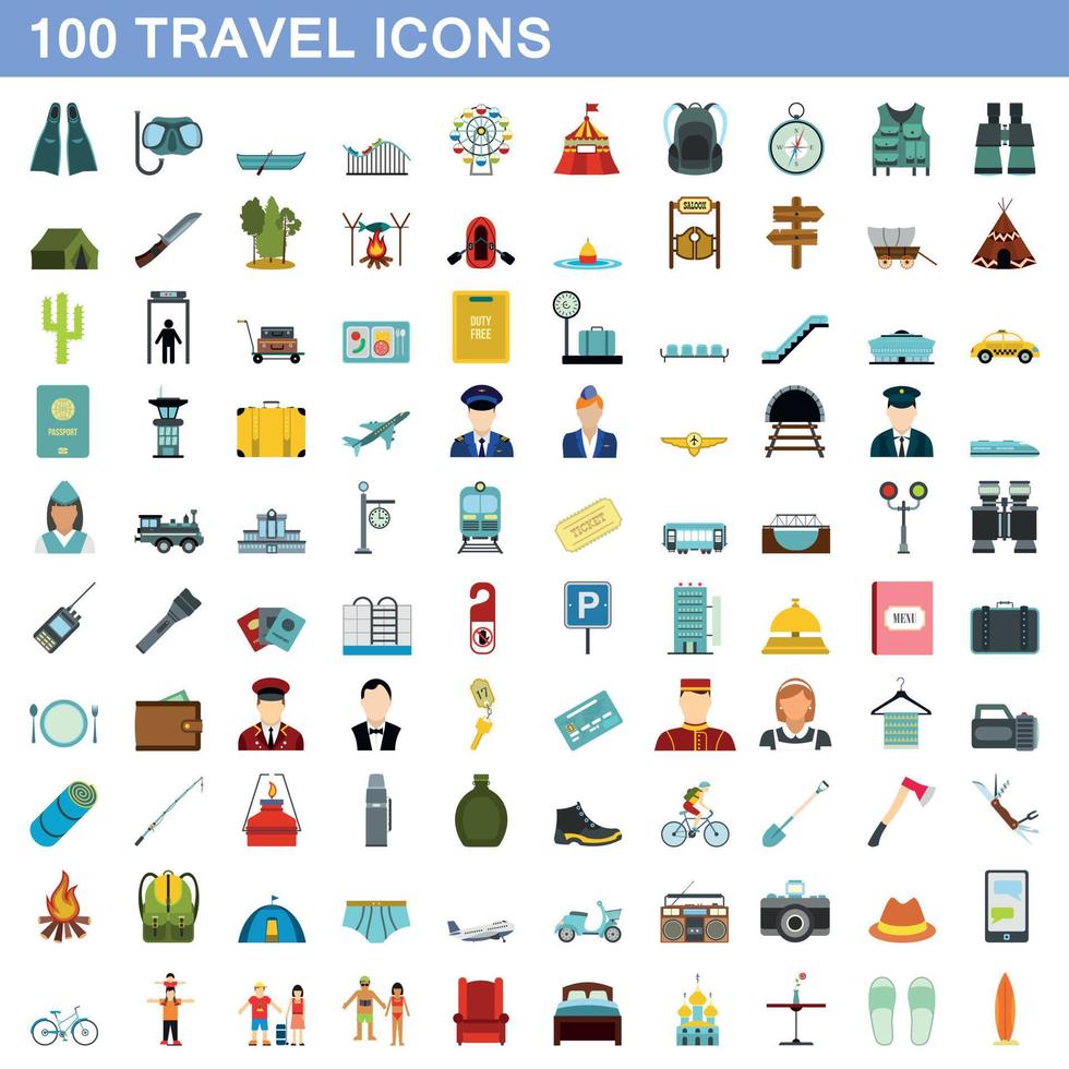 Ensemble de 100 icônes de voyage, style plat vecteur