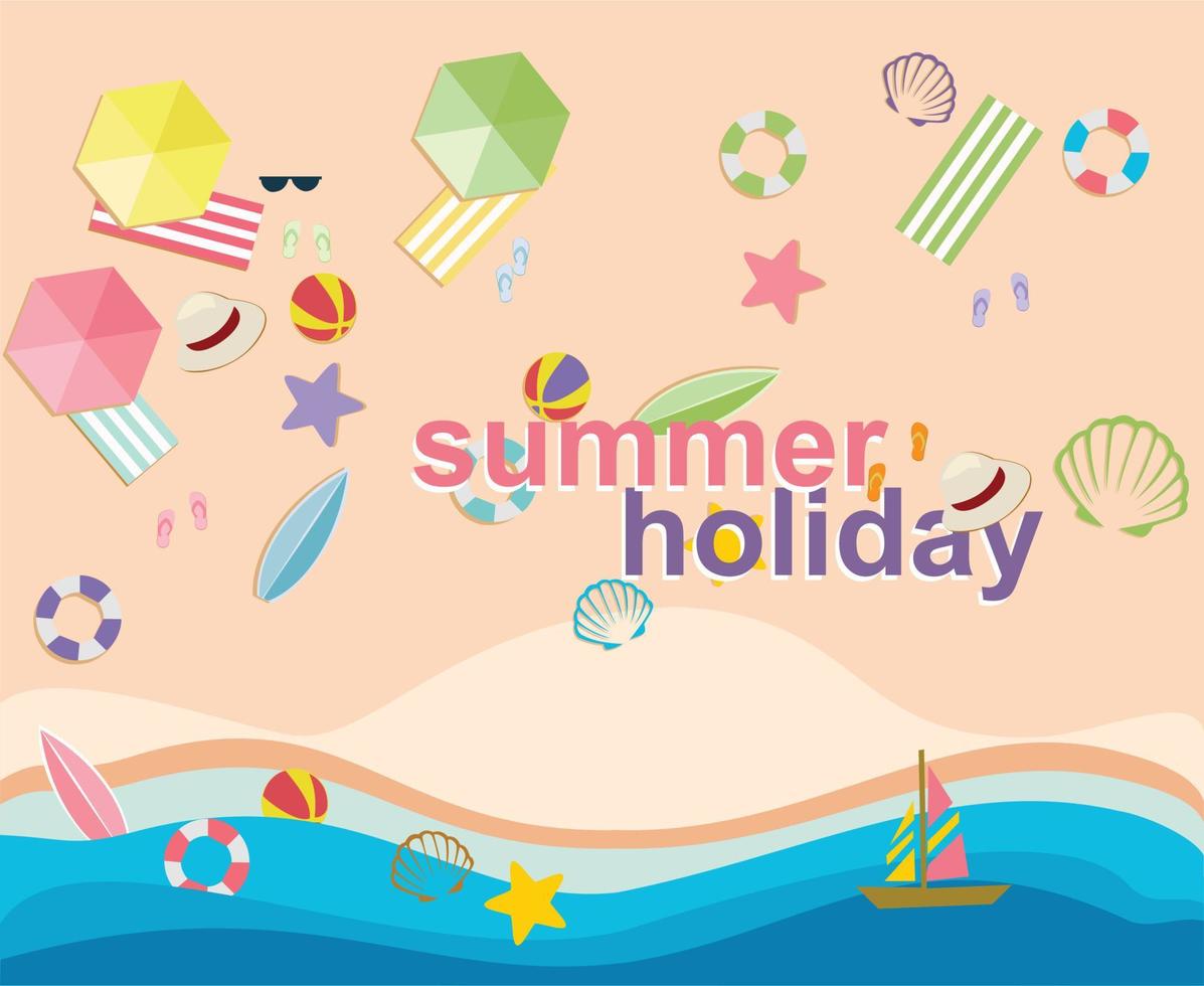 fond d'été avec des thèmes de plage, chapeau, surf et coquillage vecteur