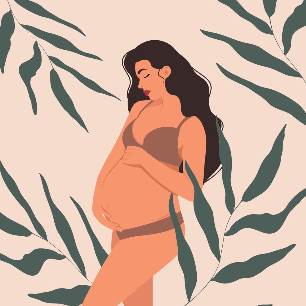 femme enceinte, future maman, debout sur fond de feuilles et serrant son ventre de ses bras dans des tons pastels naturels tendance. illustration vectorielle plane. vecteur