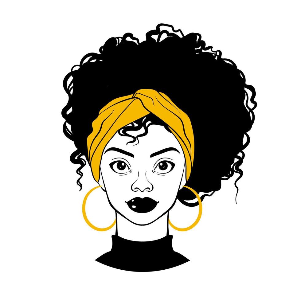 portrait de femme noire. fille afro-américaine. cheveux bouclés, boucles d'oreilles dorées et turban. illustration de mode sur fond blanc vecteur