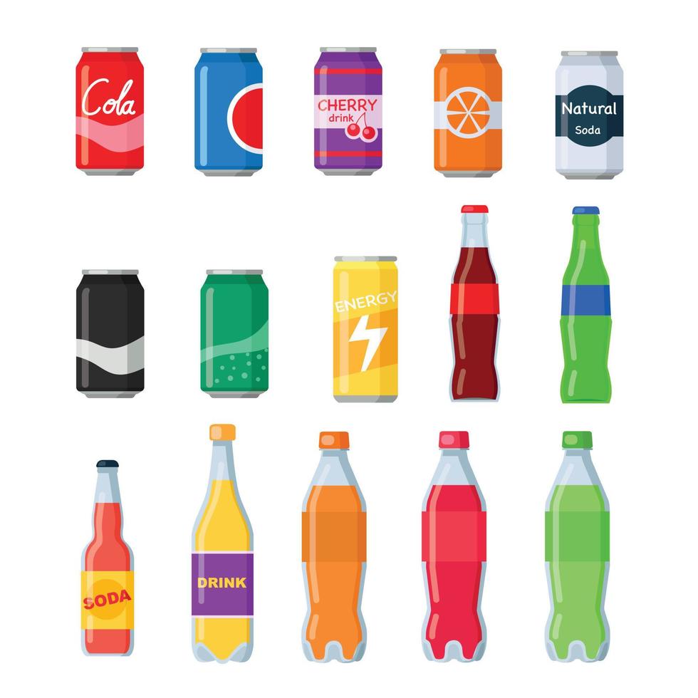 bouteilles de boissons gazeuses. boisson en bouteille, jus vitaminé, eau pétillante ou naturelle en canettes, bouteilles en verre et en plastique. vecteur