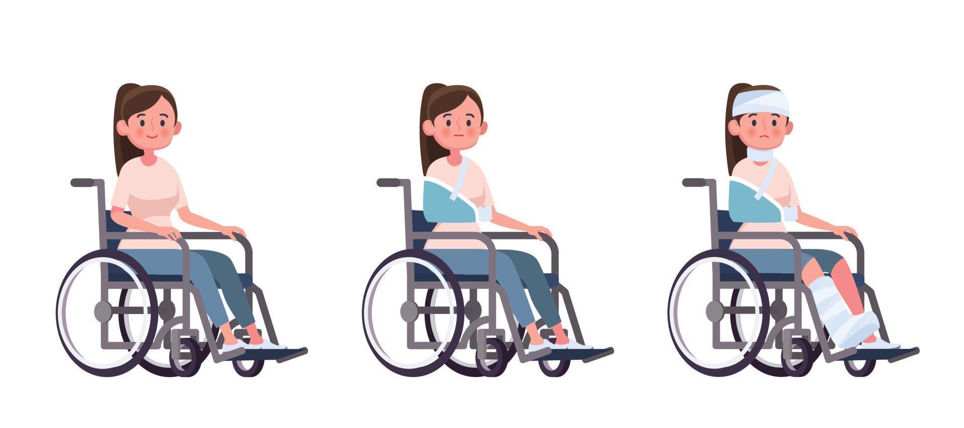 jeune femme dans un fauteuil roulant set vector cartoon illustration concept de blessure et de récupération d'invalidité après un accident
