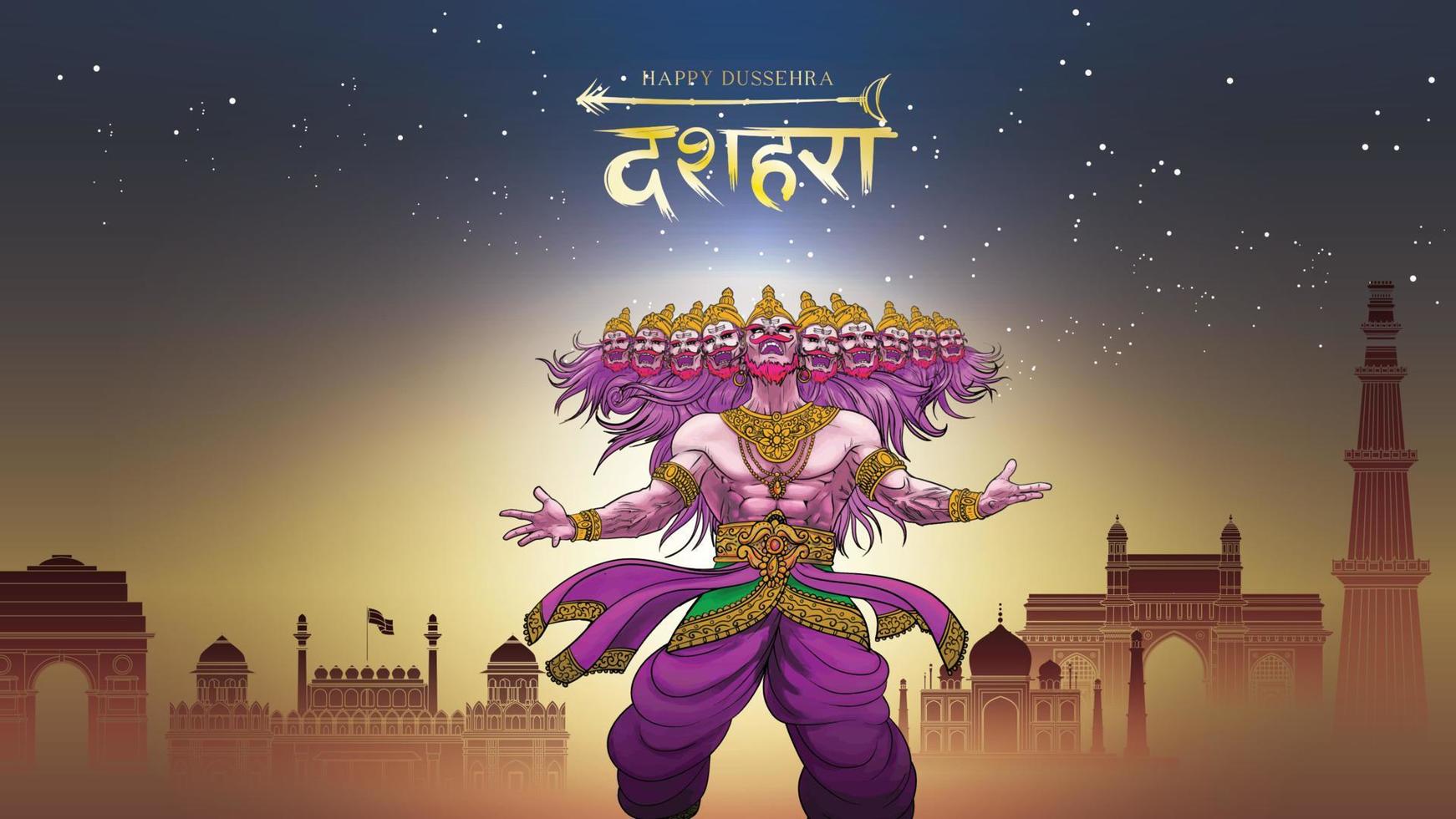 illustration vectorielle créative du seigneur rama tuant ravana dans le festival d'affiches happy dussehra navratri de l'inde. traduction dusséhra vecteur