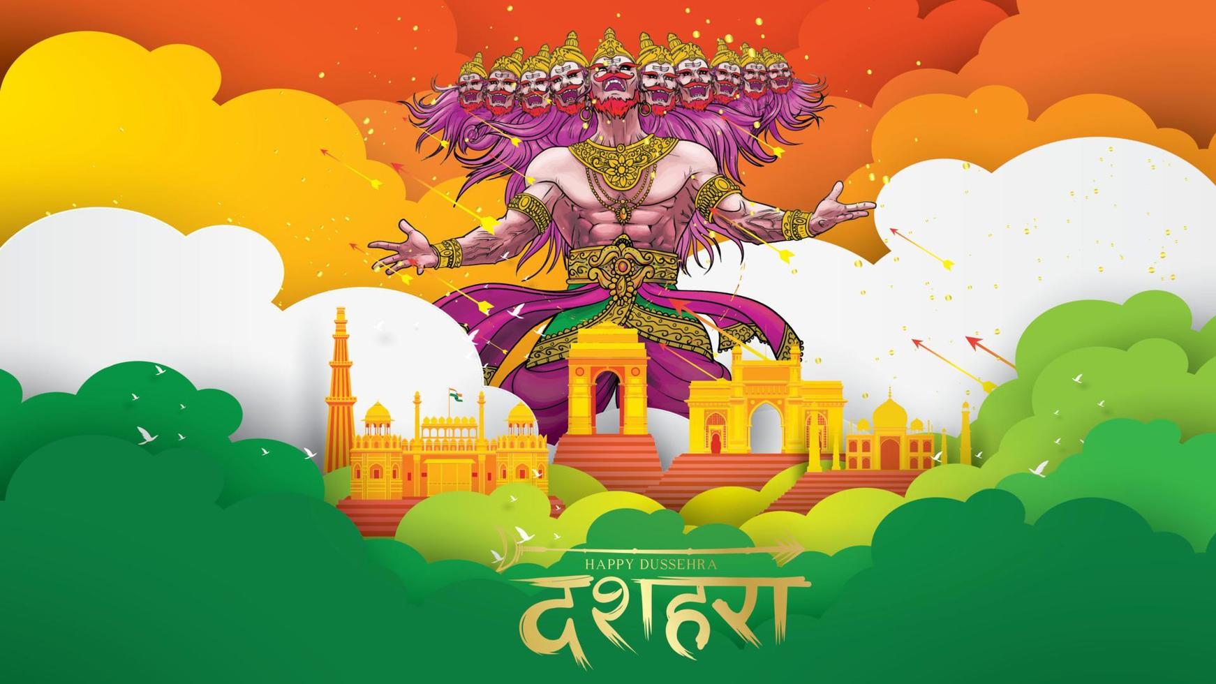 illustration vectorielle créative du seigneur rama tuant ravana dans le festival d'affiches happy dussehra navratri de l'inde. traduction dusséhra vecteur