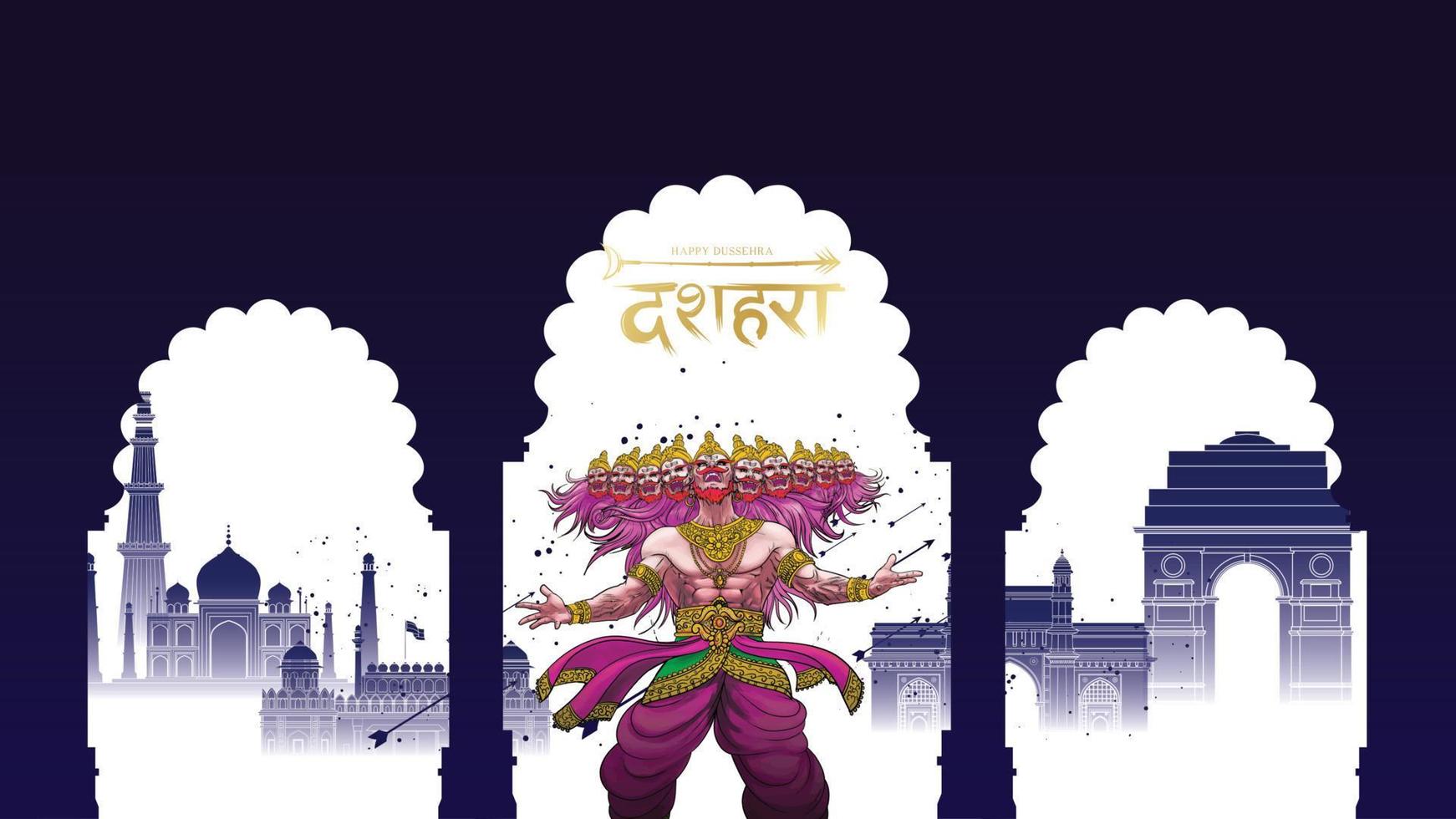 illustration vectorielle créative du seigneur rama tuant ravana dans le festival d'affiches happy dussehra navratri de l'inde. traduction dusséhra vecteur