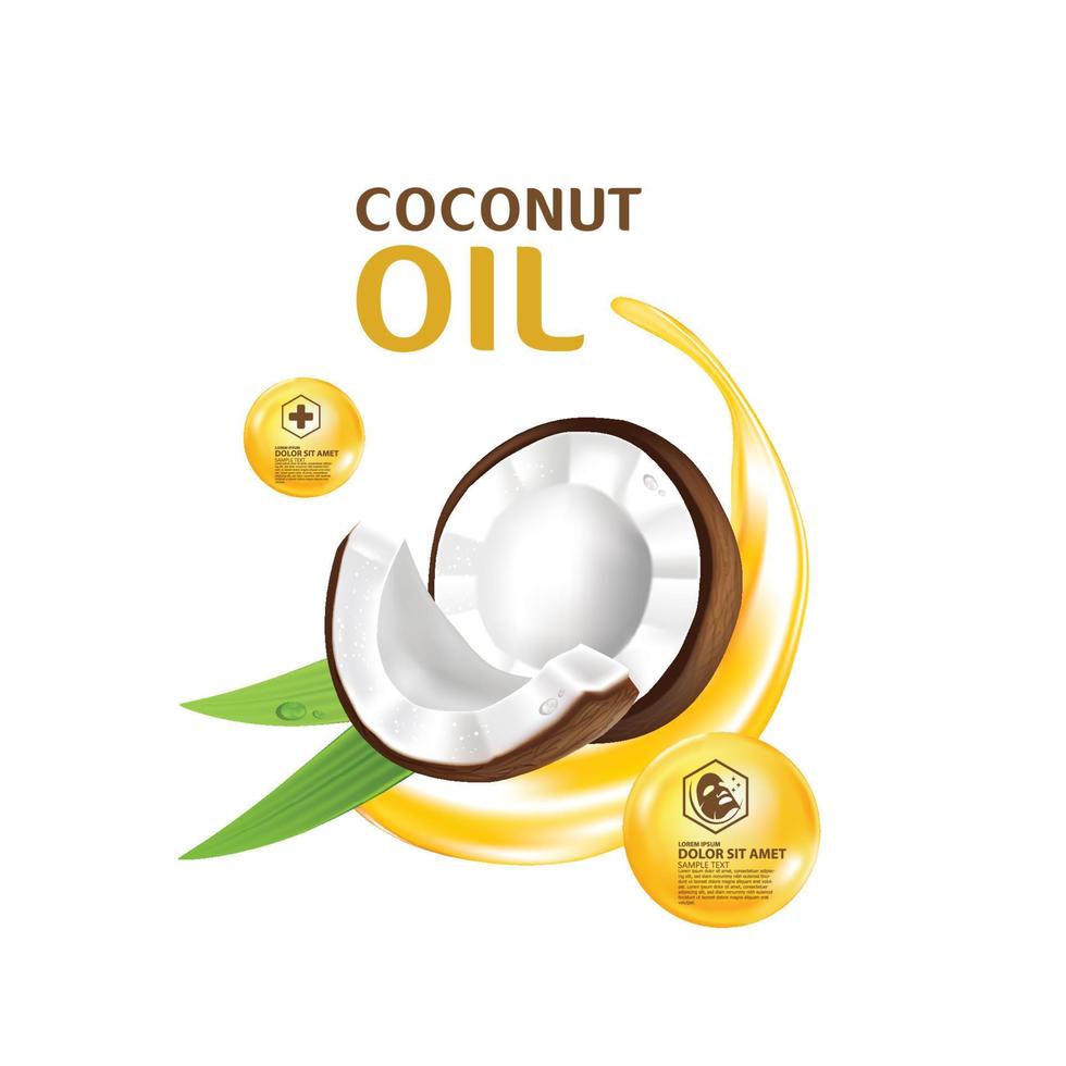 lait biologique de noix de coco réaliste, huile et feuilles de palmier vert illustration vectorielle vecteur