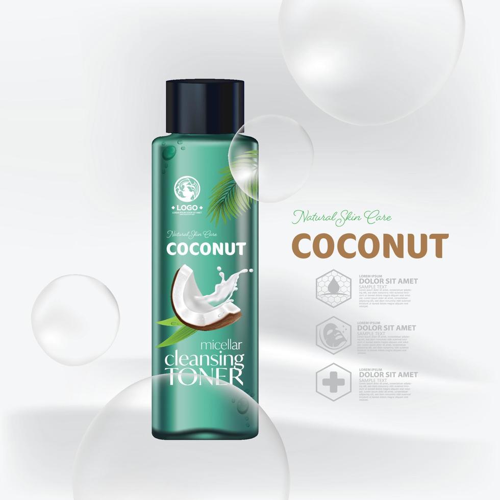 huile de noix de coco humidité essence soins de la peau composition cosmétique pour affiche, bannière, étiquette, illustration vectorielle de conception d'autocollant vecteur