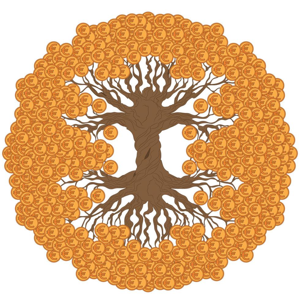 arbre d'argent avec des pièces en euros. un symbole traditionnel du feng shui pour attirer la richesse et la prospérité. illustration en couleur. vecteur