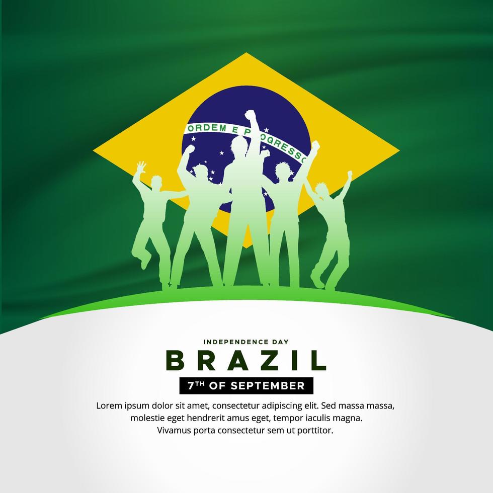 conception moderne de la fête de l'indépendance du brésil avec une jeunesse joyeuse et un vecteur de drapeau ondulé