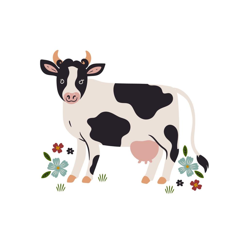 vache mignonne et fleurs isolées sur fond blanc. graphiques vectoriels. vecteur