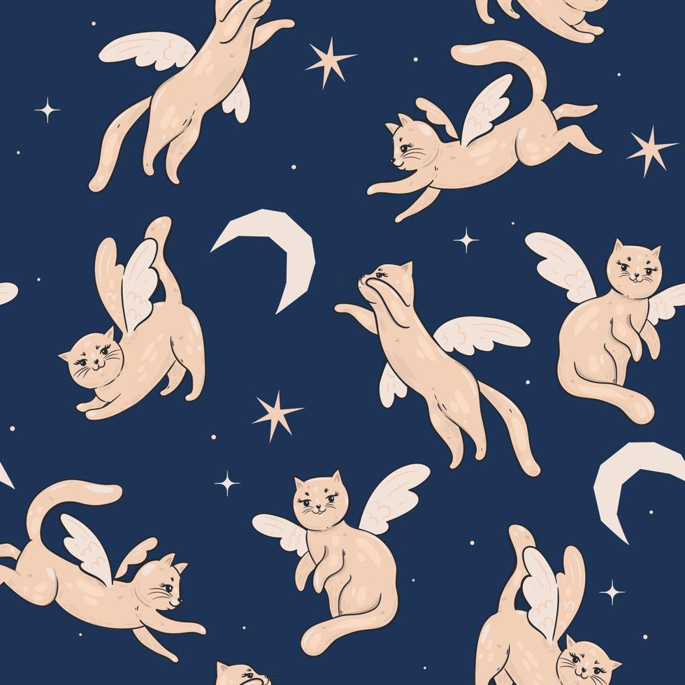 modèle sans couture de chats avec des ailes sur le ciel nocturne. graphiques vectoriels. vecteur