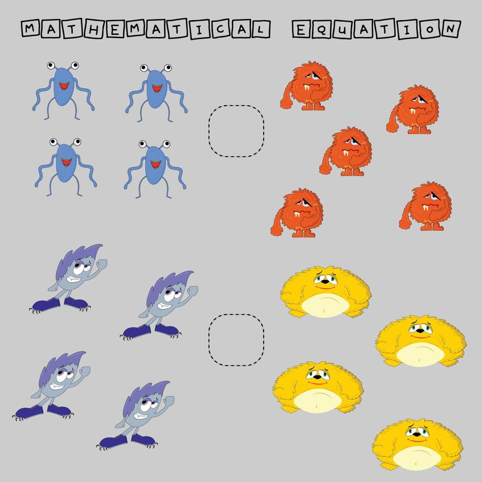 développer des activités pour les enfants, comparer qui plus de monstres. jeu de logique pour les enfants, inégalités mathématiques. vecteur