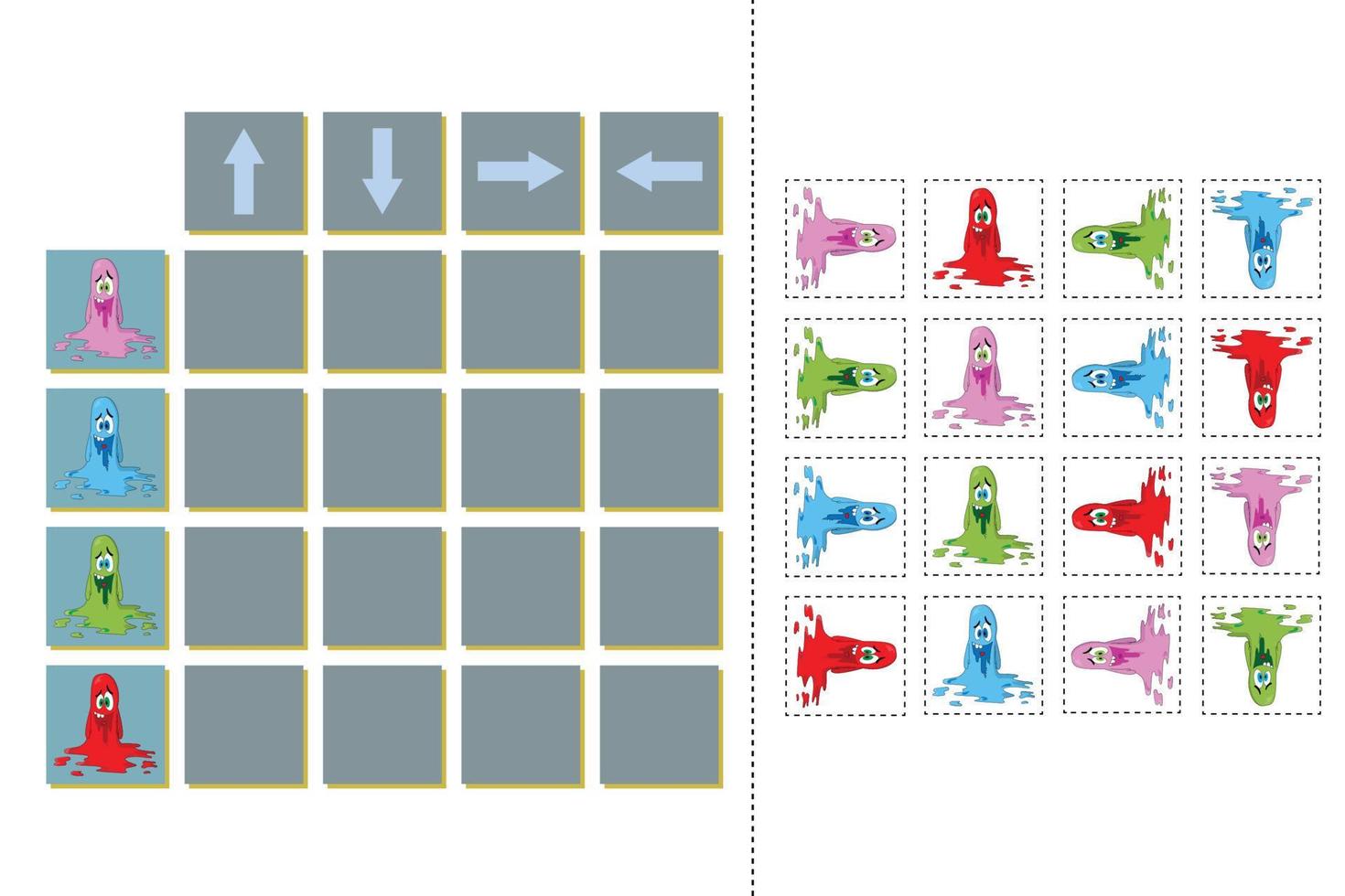 faites correspondre les monstres de dessins animés et les directions vers le haut, le bas, la gauche et la droite. jeu éducatif pour les enfants. vecteur