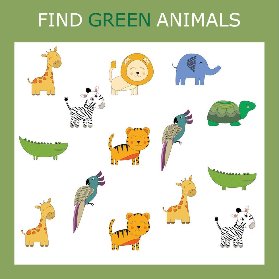 Activité éducative pour les enfants, retrouvez l'animal vert parmi les animaux colorés. jeu de logique pour les enfants. vecteur