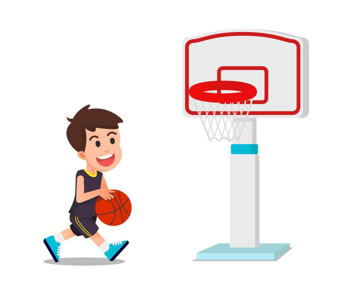 un garçon jouant au basket seul sur le terrain vecteur
