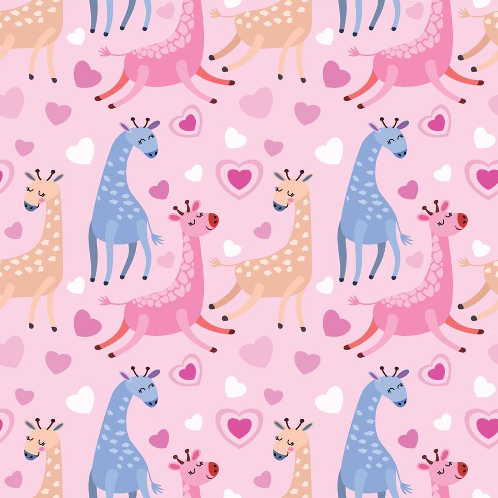 girafe mignonne avec motif sans couture en forme de coeur pour papier peint textile en tissu. vecteur