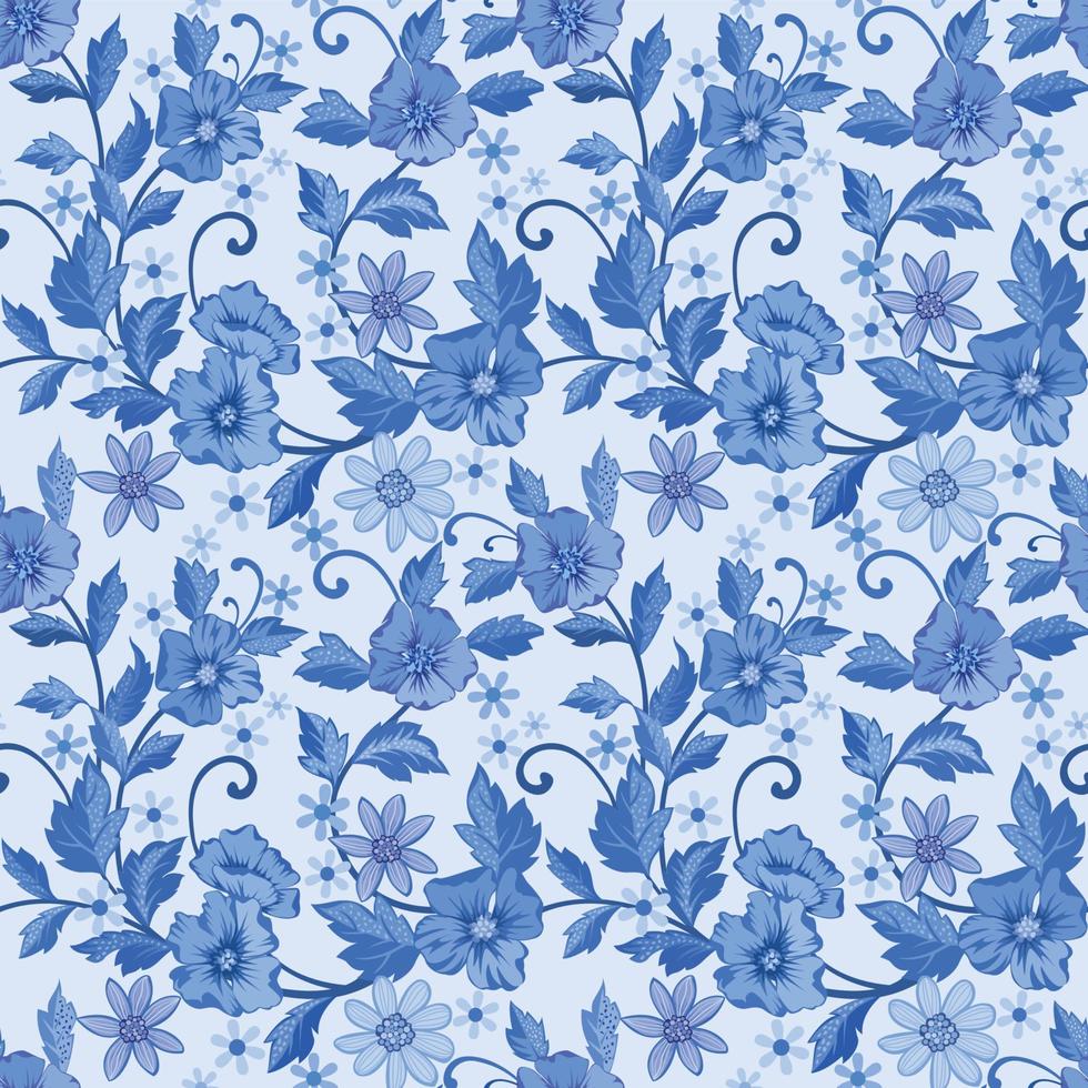 modèle sans couture de fleurs et feuilles bleues monochromes vecteur