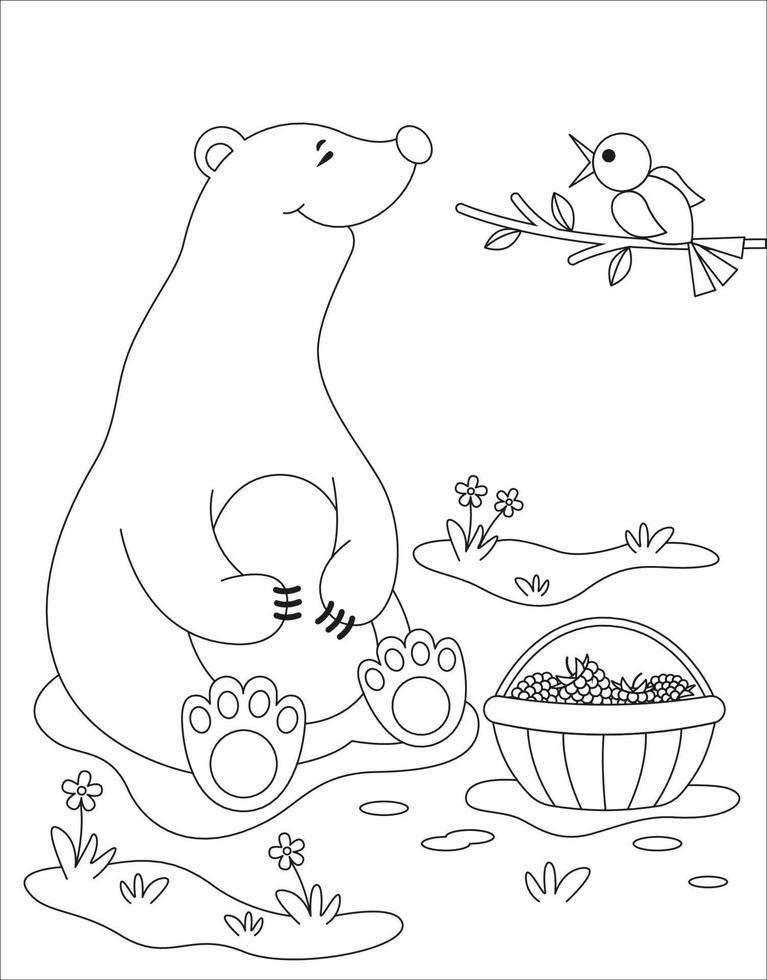 contour de la page de coloriage de l'ours mignon de bande dessinée est assis à côté d'un panier de framboises. illustration vectorielle colorée, livre de coloriage d'été pour les enfants vecteur