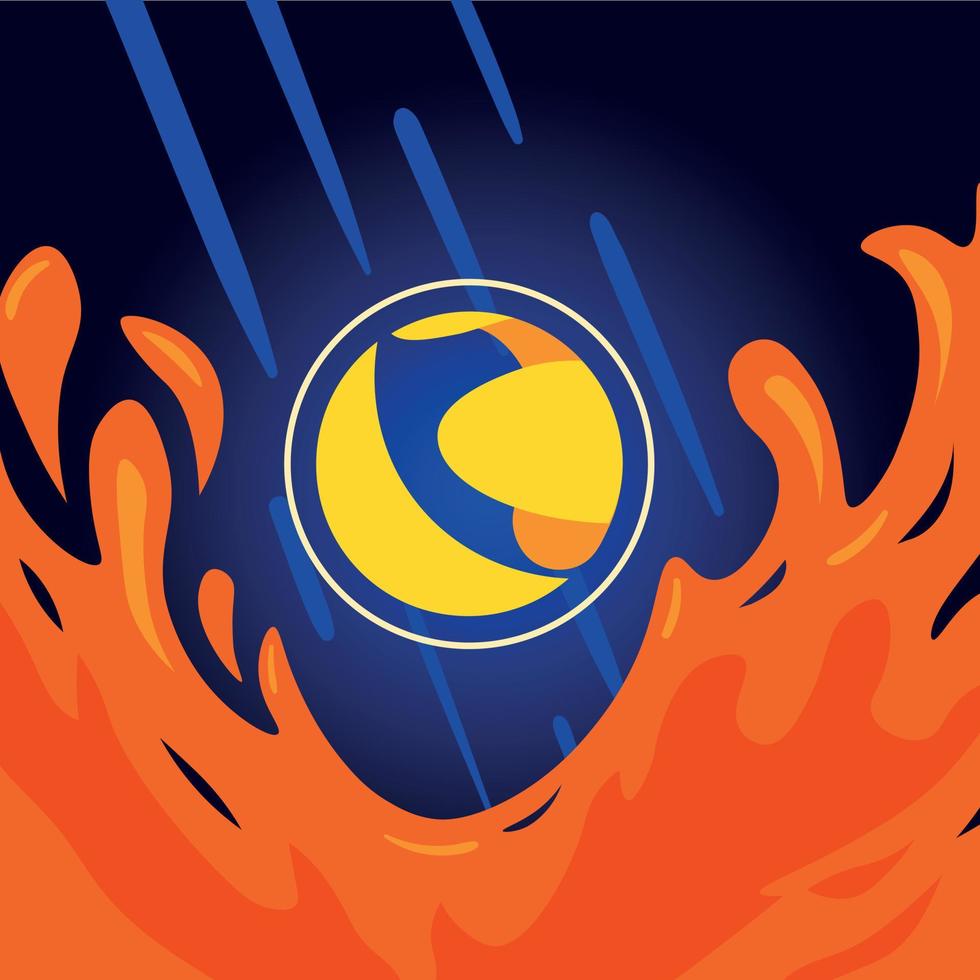 crise de crash stablecoin. crise et crash du trading de crypto-monnaie. pièce de crypto-monnaie luna dans une tendance à la baisse sur fond bleu foncé. symbole de jeton terra luna en feu vecteur