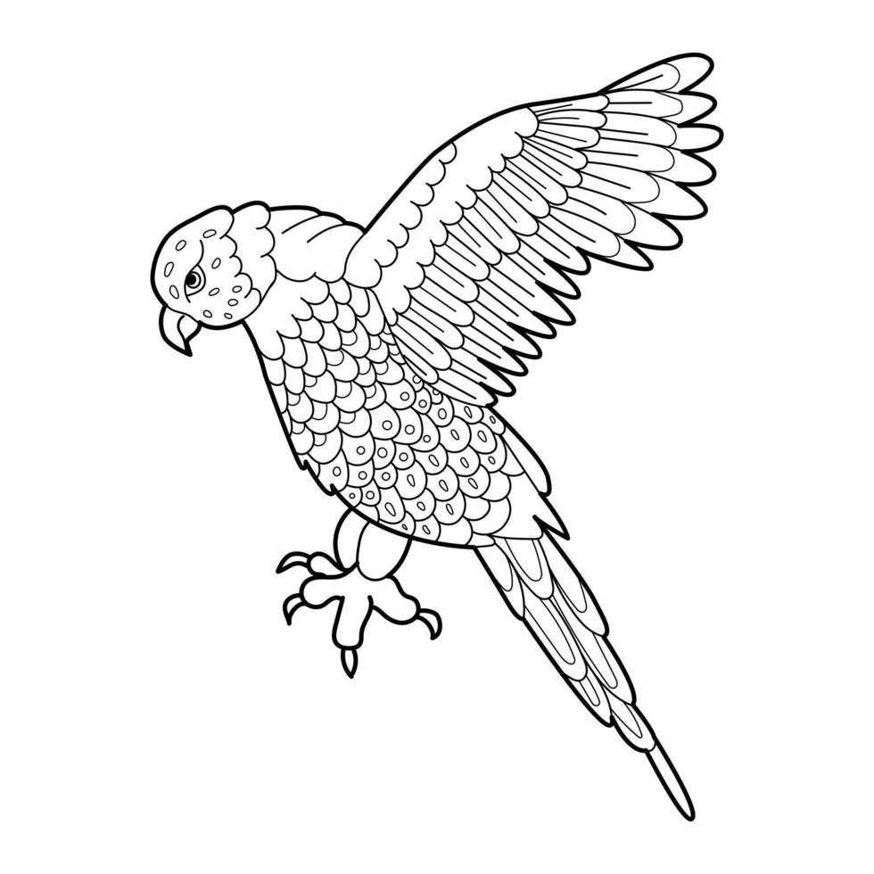 illustration linéaire de contour pour livre de coloriage avec perroquet décoratif. bel oiseau, photo anti-stress. conception d'art en ligne pour adultes ou enfants dans le style d'enchevêtrement zen, tatoo et coloriage. vecteur