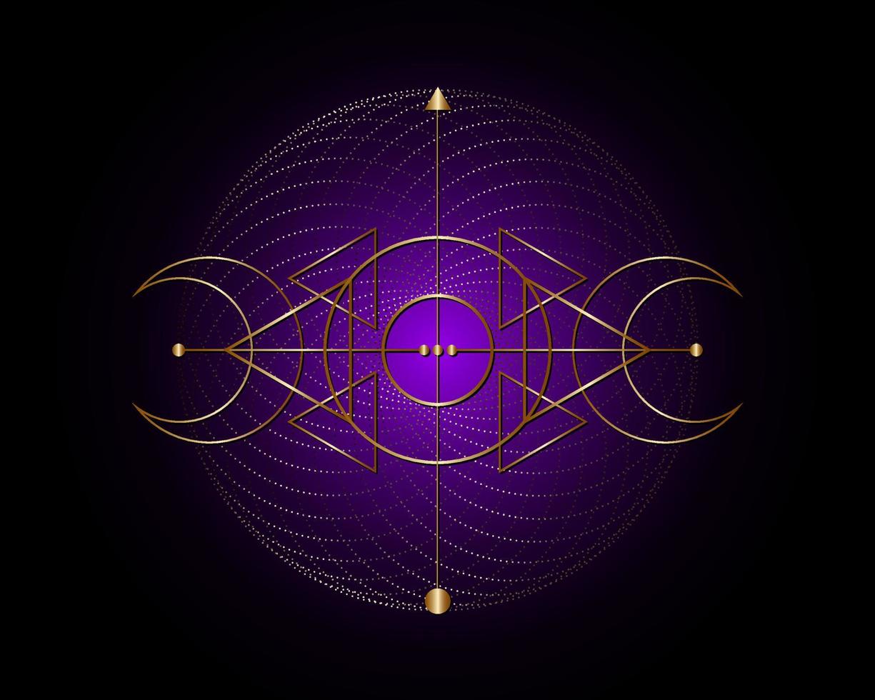 triple lune magique. symbole d'or de la divinité viking, géométrie sacrée  celtique, logo wiccan, triangles ésotériques d'alchimie. illustration  vectorielle d'objet d'occultisme spirituel isolée sur fond violet noir  8934095 Art vectoriel chez Vecteezy