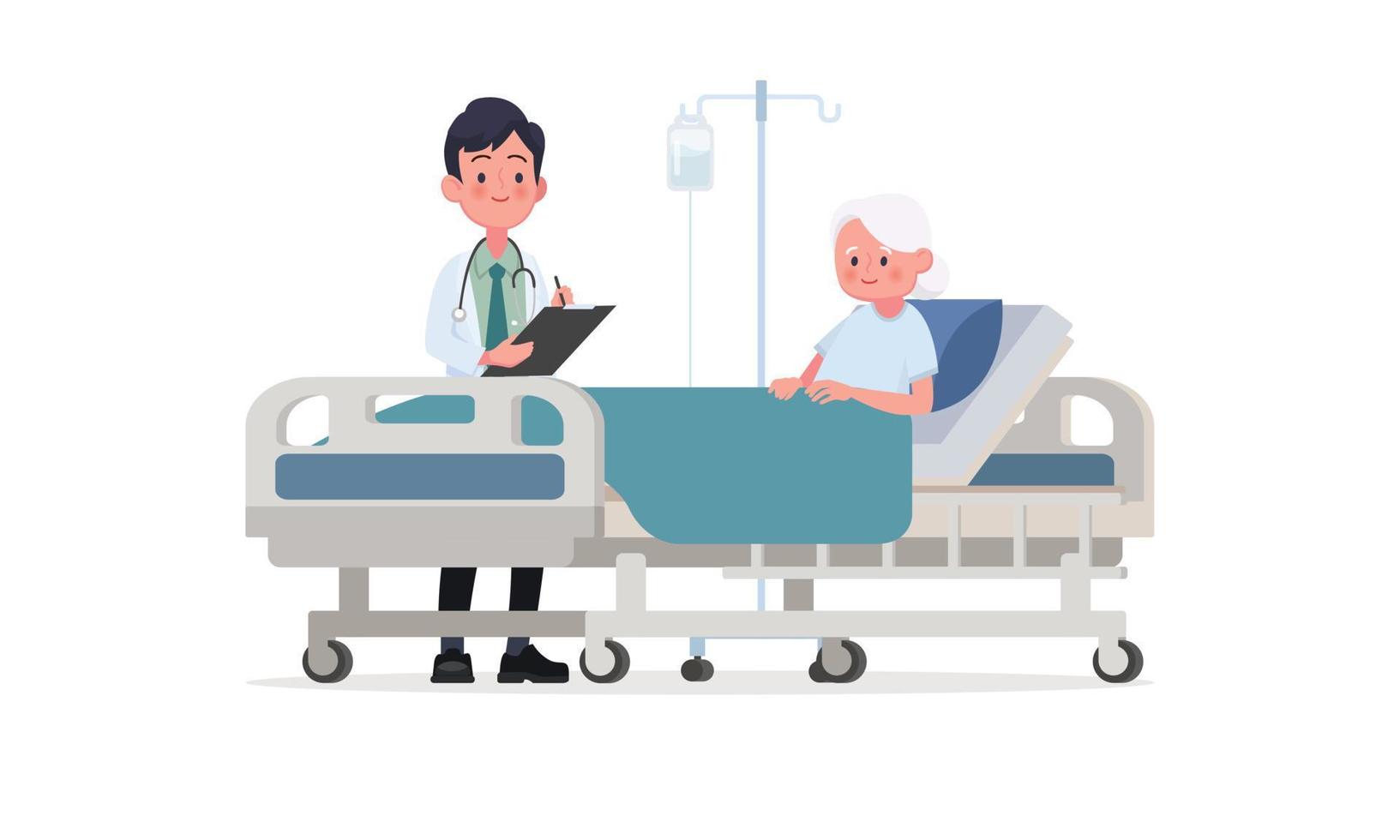 visite du médecin dans le service du patient. une personne malade est dans un lit médicalisé sous perfusion. illustration vectorielle dans un style plat vecteur