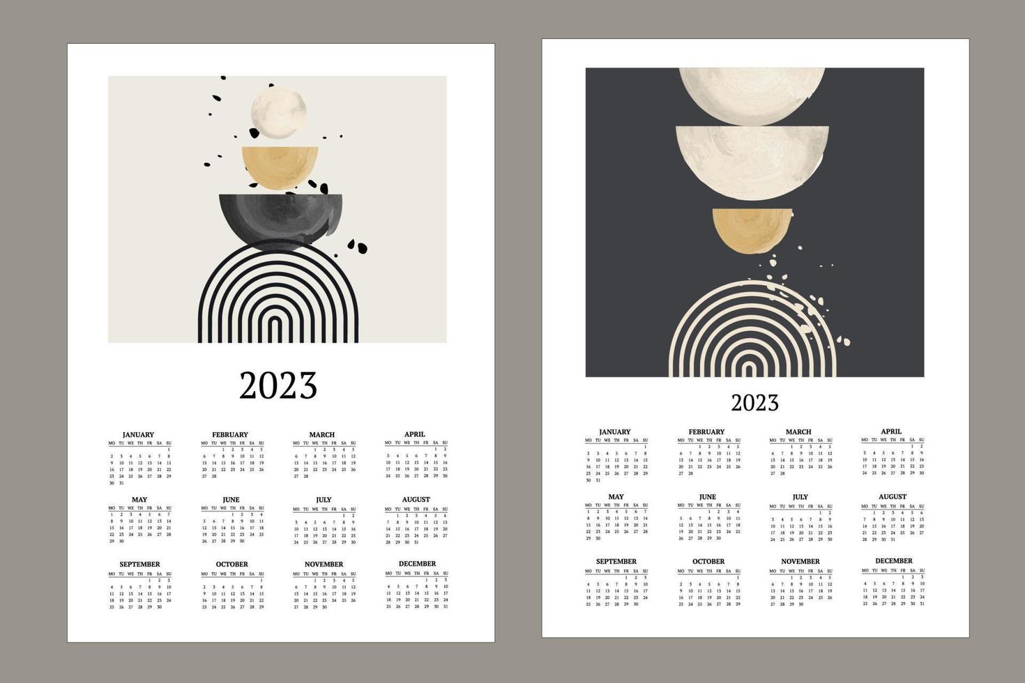 calendrier mensuel classique pour 2023. calendrier avec formes abstraites, pinceaux noirs et blancs, jaunes et cercles. vecteur