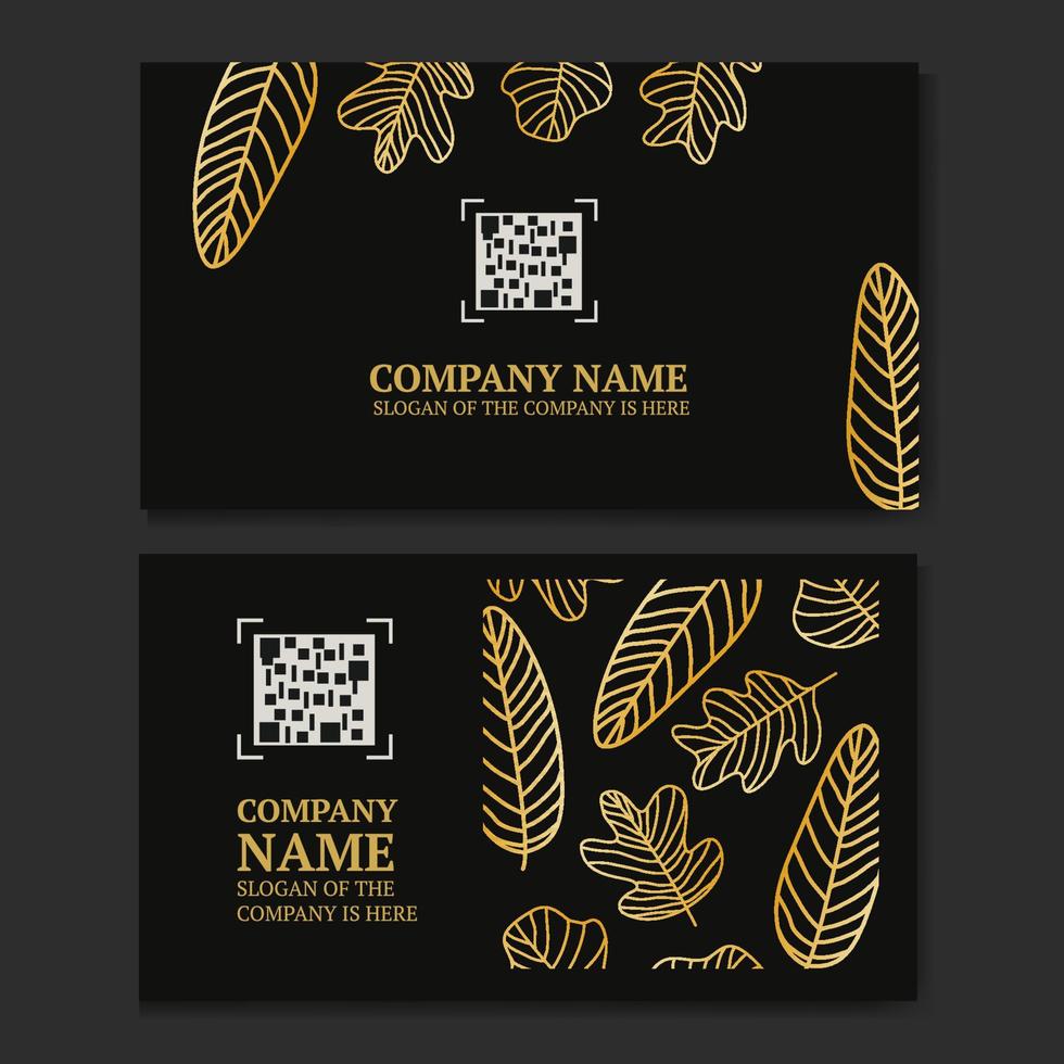 cartes de visite noires avec des brindilles de feuilles dorées, avec une place pour un code qr, pour votre entreprise ou votre marque, illustration vectorielle. vecteur