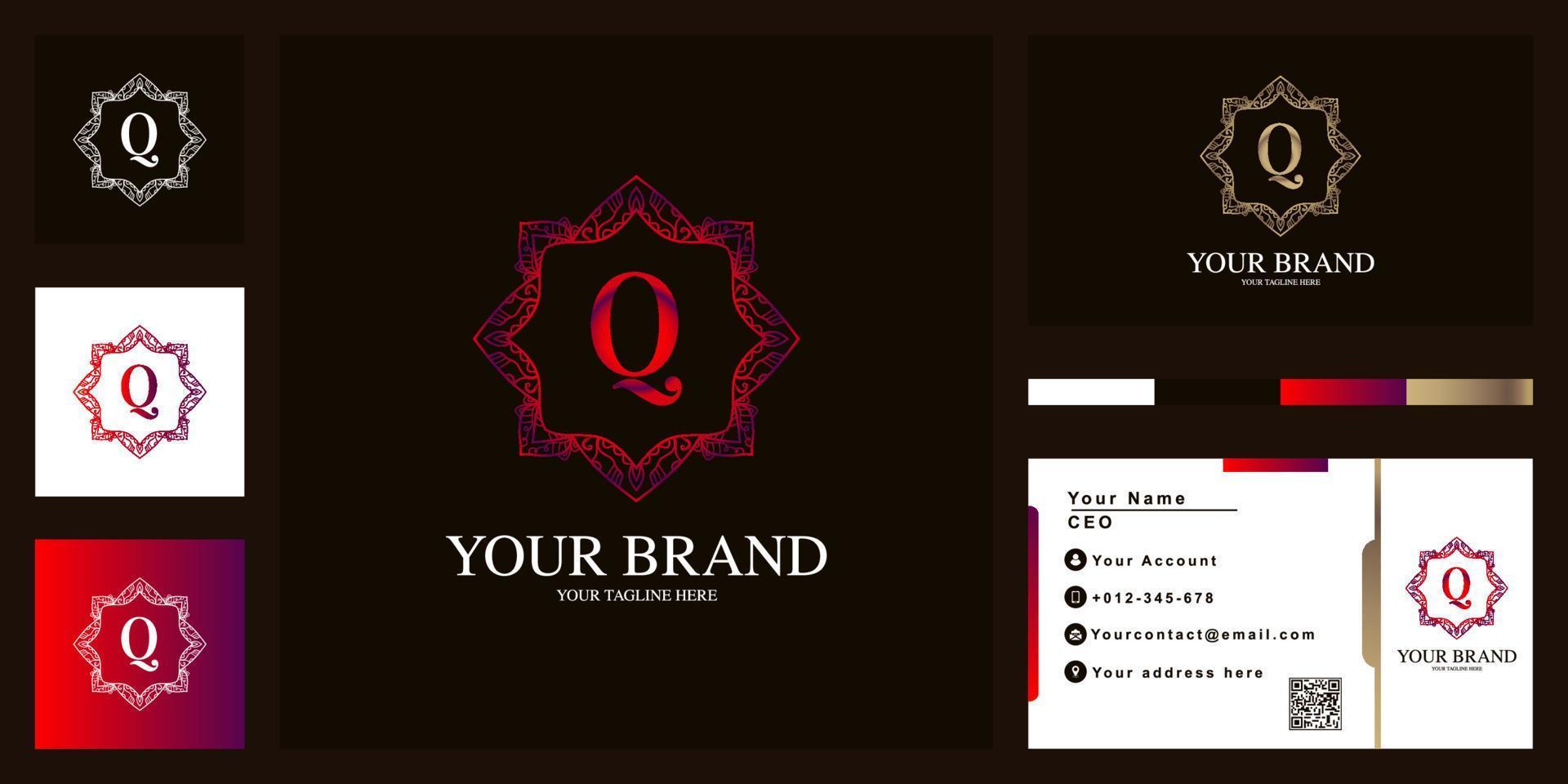 lettre q création de modèle de logo de cadre de fleur d'ornement de luxe avec carte de visite. vecteur