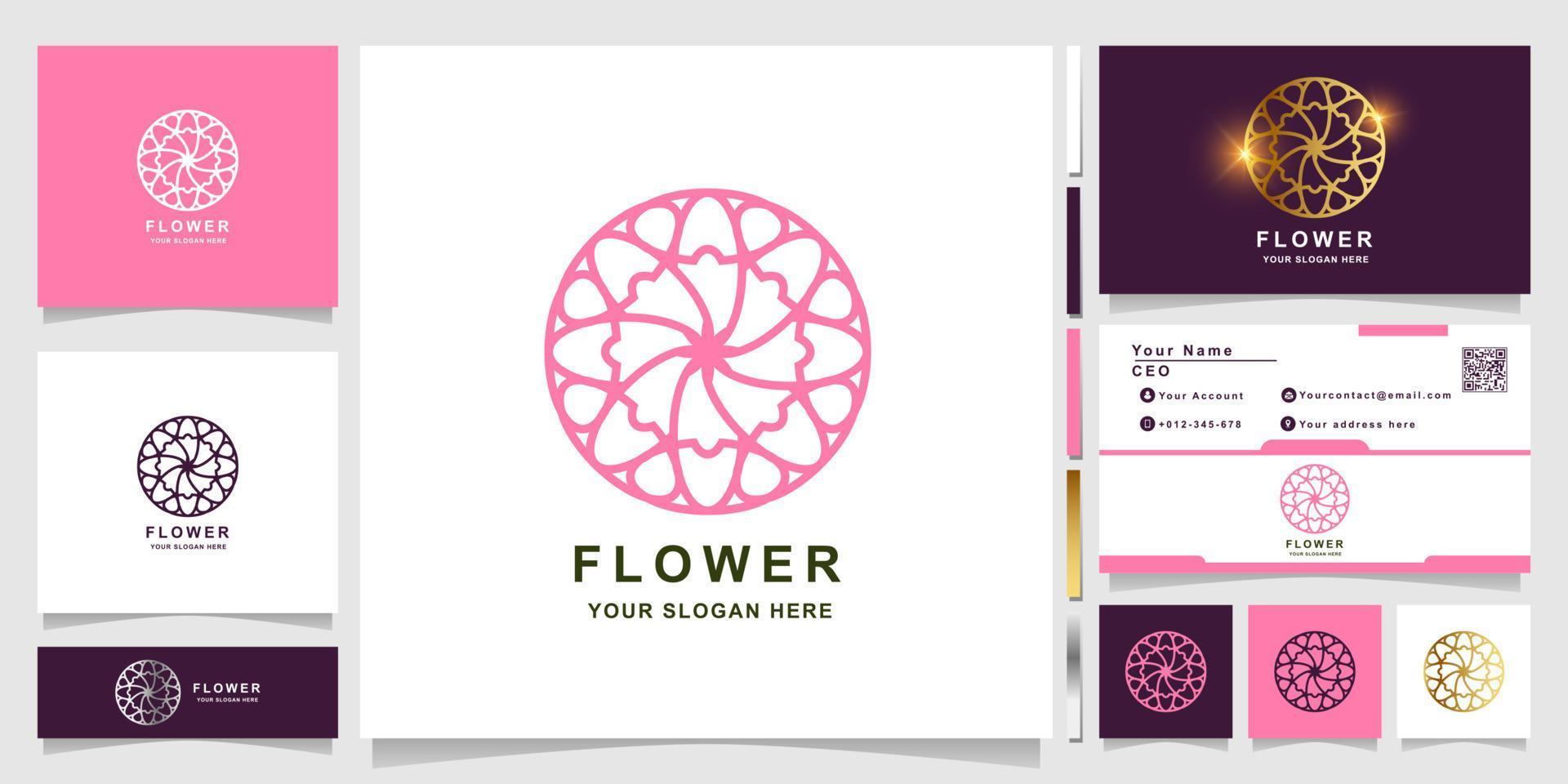 modèle de logo fleur, boutique ou ornement avec conception de carte de visite. peut être utilisé pour la création de logo de spa, de salon, de beauté ou de boutique. vecteur