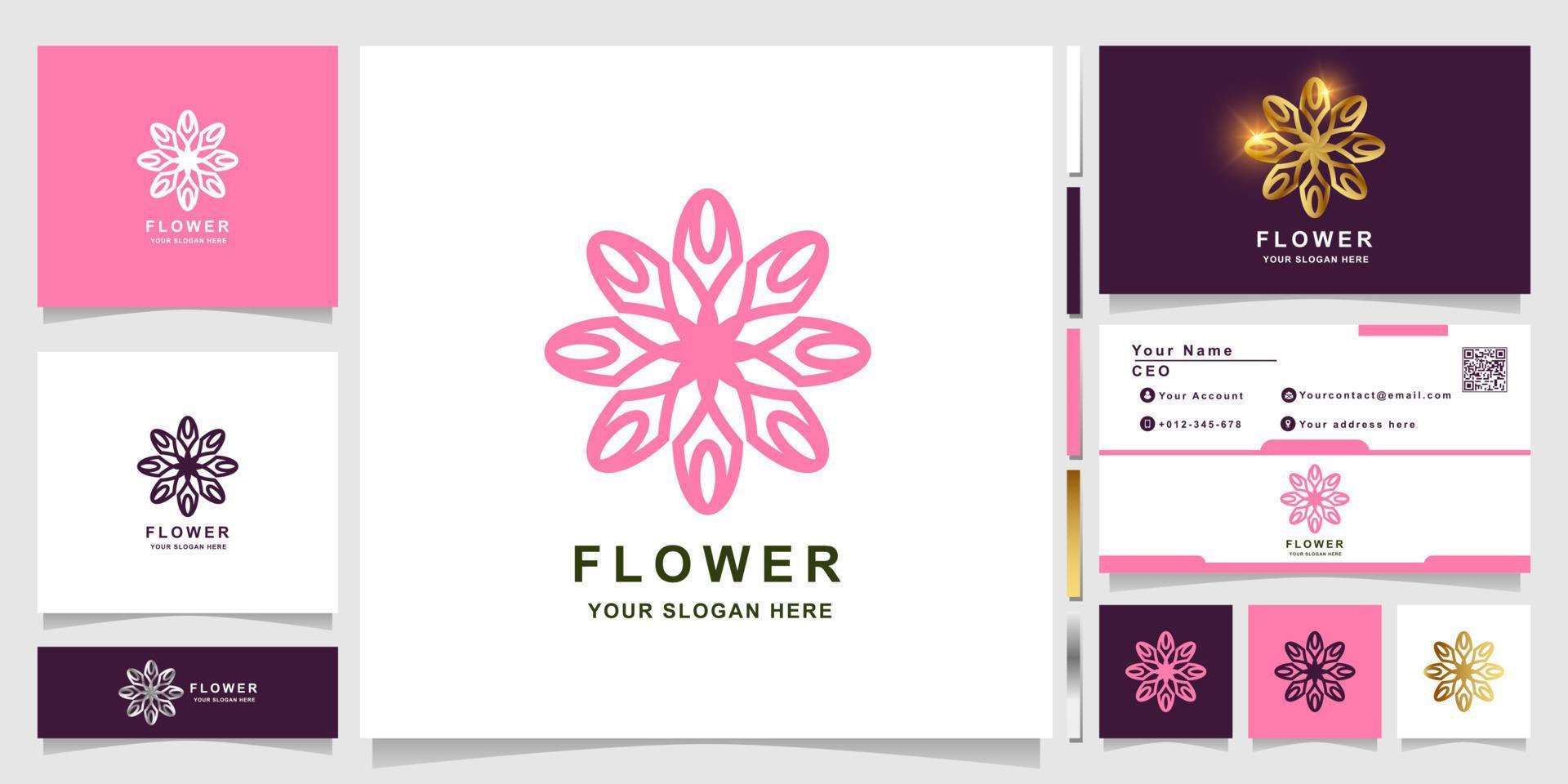 modèle de logo fleur, boutique ou ornement avec conception de carte de visite. peut être utilisé pour la création de logo de spa, de salon, de beauté ou de boutique. vecteur