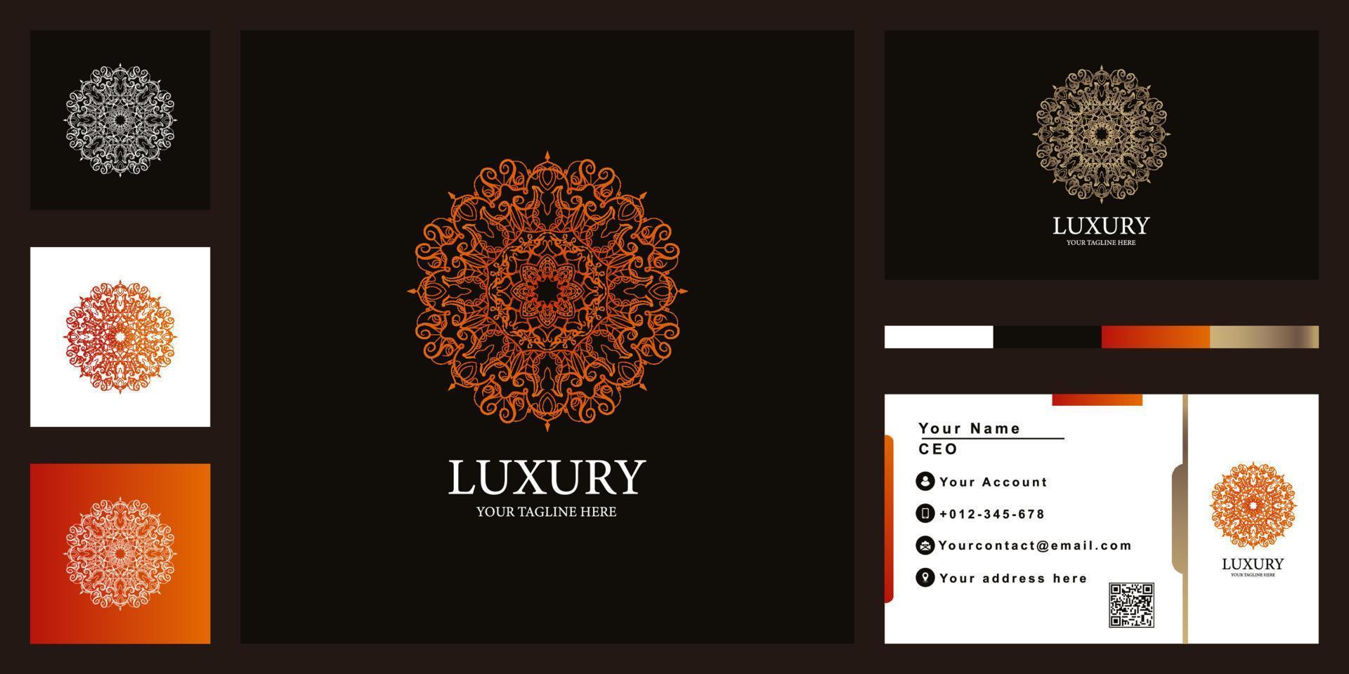 création de modèle de logo de luxe mandala ou ornement avec carte de visite. vecteur