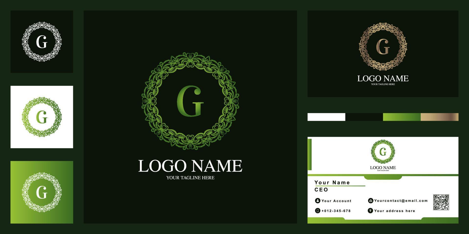 lettre g luxe ornement fleur cadre création de modèle de logo avec carte de visite. vecteur