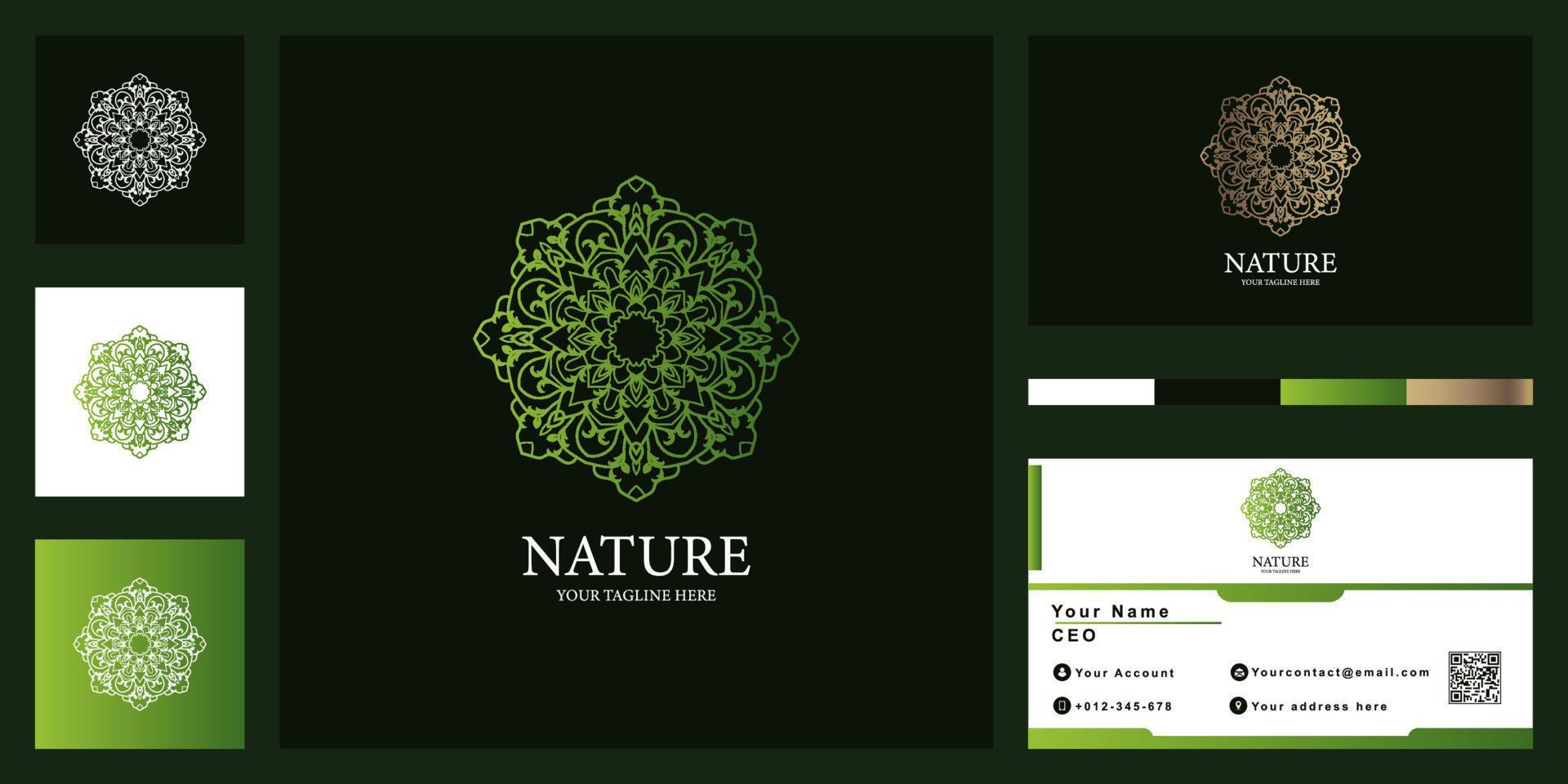 conception de modèle de logo de luxe fleur, mandala ou ornement avec carte de visite. vecteur