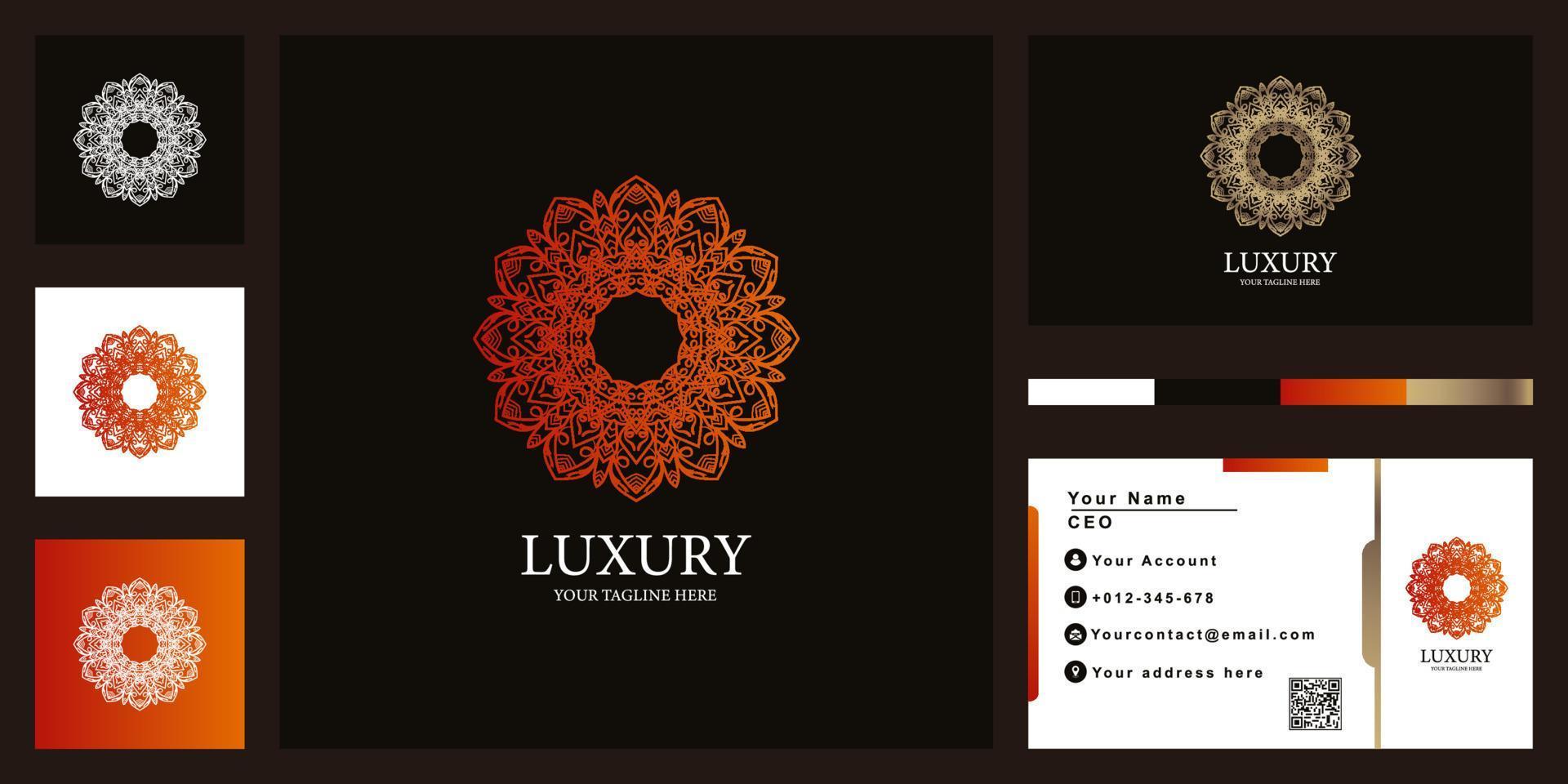 conception de modèle de logo de luxe fleur, mandala ou ornement avec carte de visite. vecteur