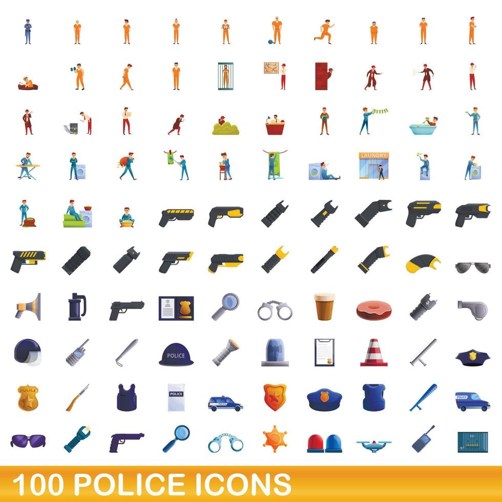 Ensemble de 100 icônes de police, style dessin animé vecteur