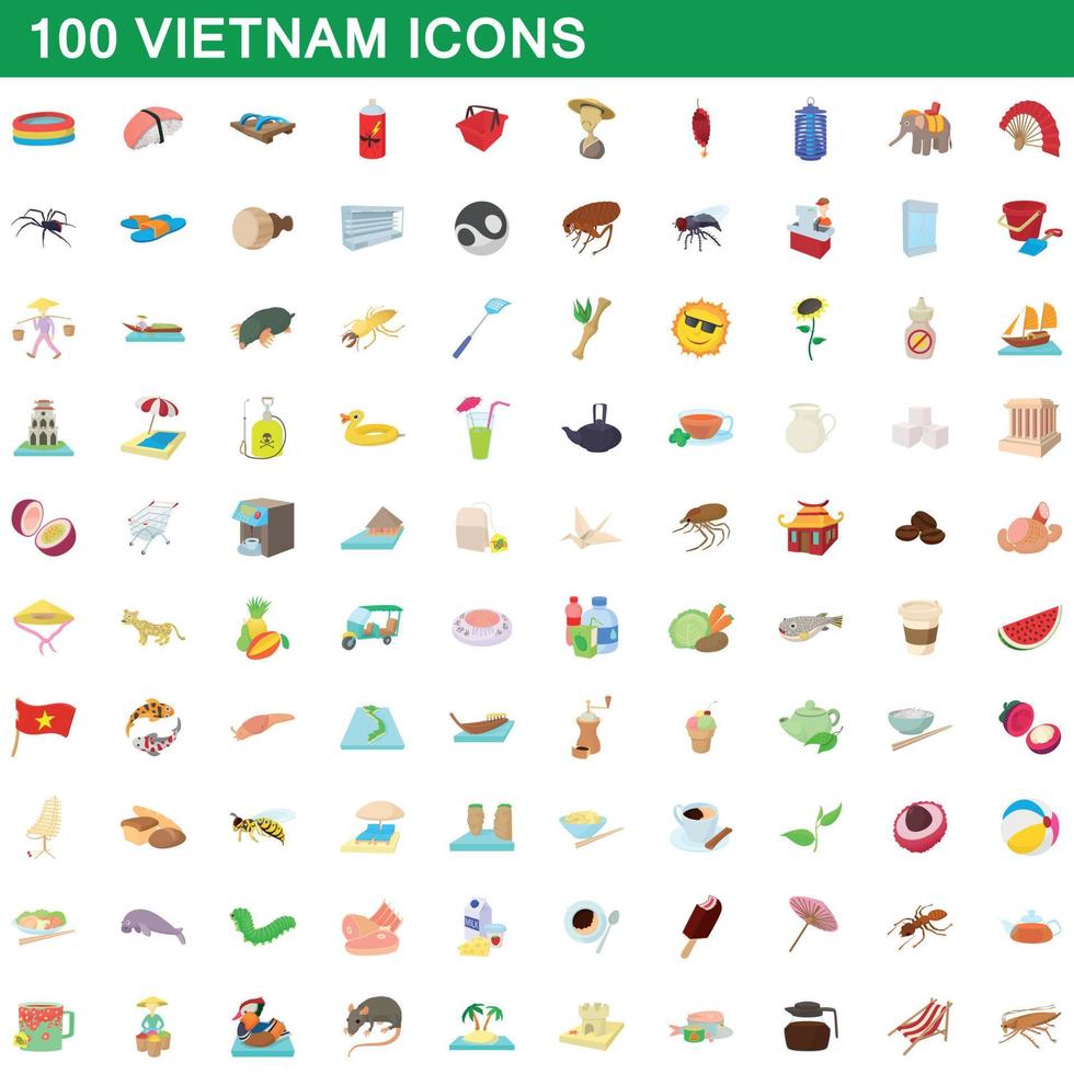 Ensemble de 100 icônes vietnamiennes, style dessin animé vecteur