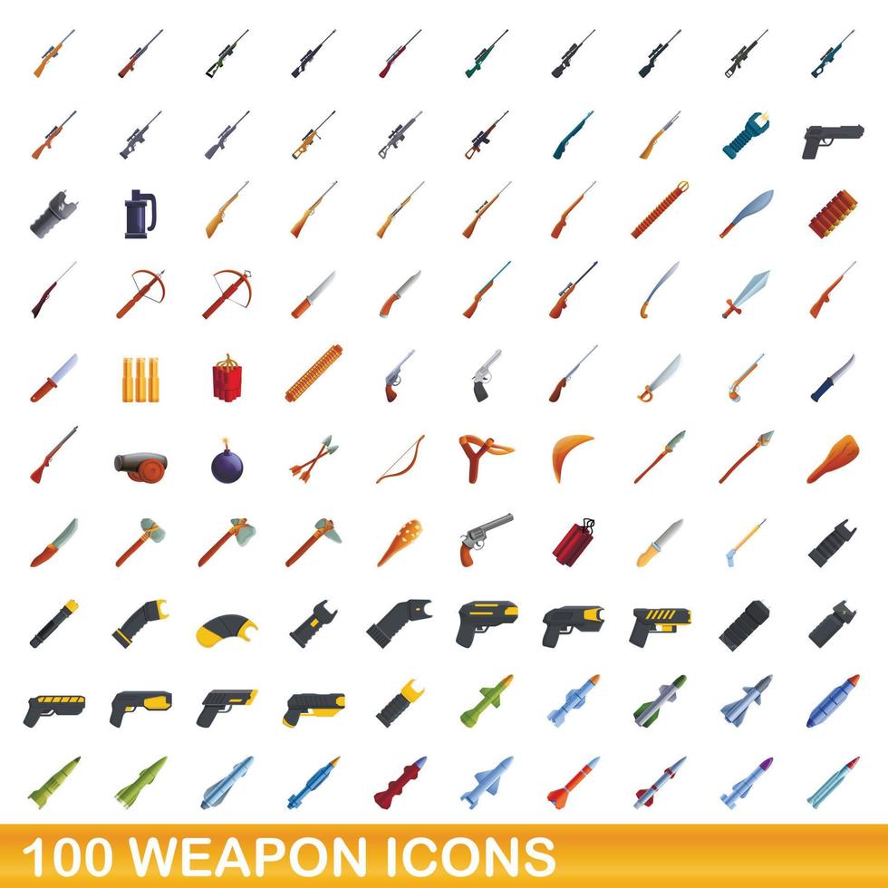 Ensemble de 100 icônes d'armes, style dessin animé vecteur