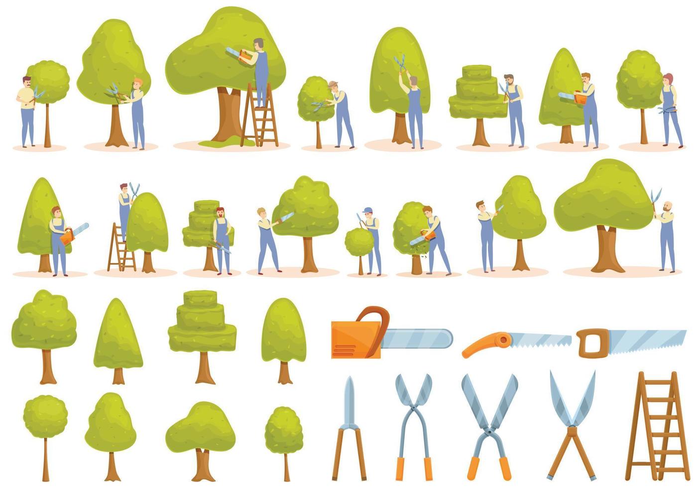 icônes de coupe d'arbres définies vecteur de dessin animé. tronçonneuse d'arbre