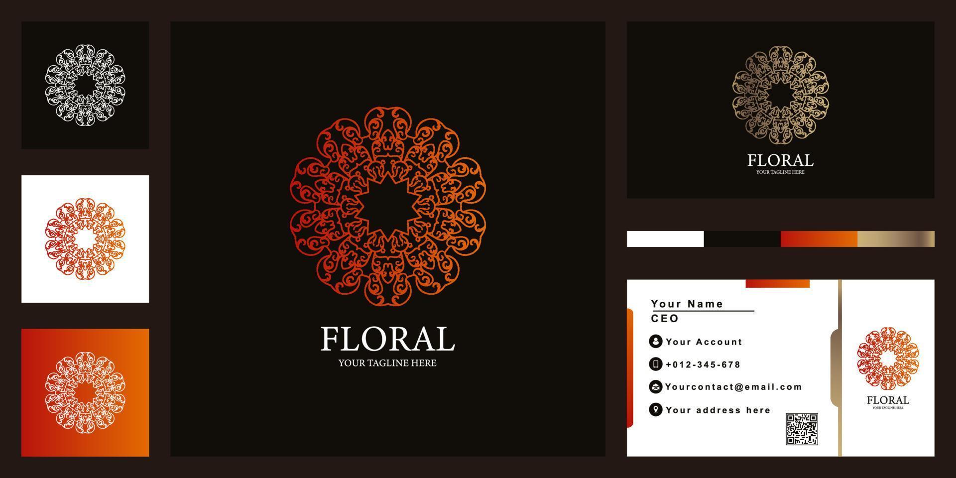 conception de modèle de logo de luxe fleur, mandala ou ornement avec carte de visite. vecteur