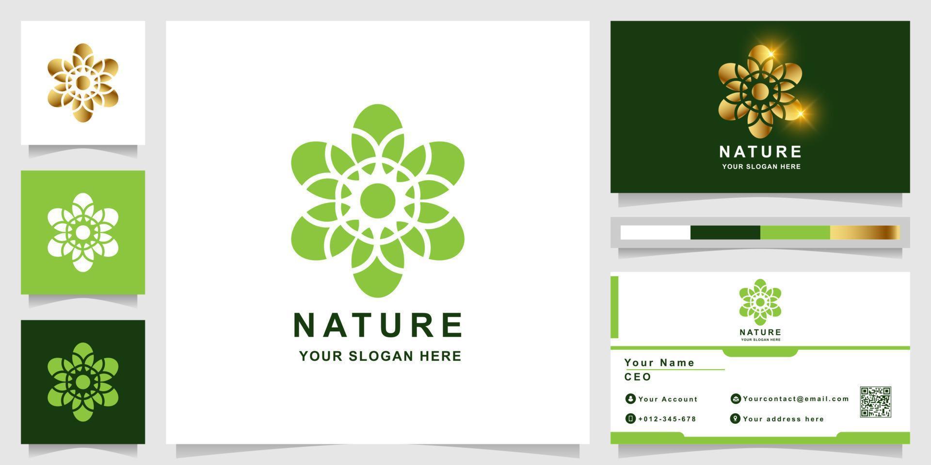 modèle de logo nature, fleur, boutique ou ornement avec conception de carte de visite. peut être utilisé pour la création de logo de spa, de salon, de beauté ou de boutique. vecteur