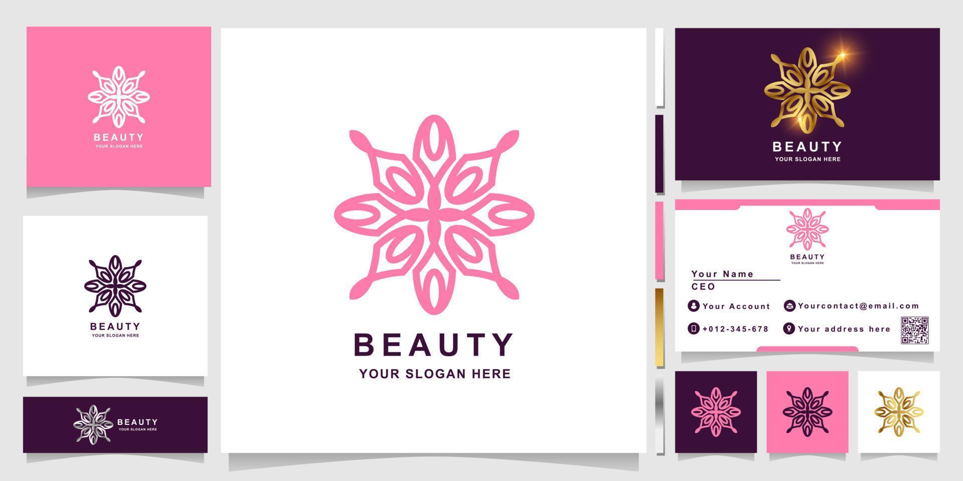 modèle de logo beauté, fleur, boutique ou ornement avec conception de carte de visite. peut être utilisé pour la création de logo de spa, de salon, de beauté ou de boutique. vecteur