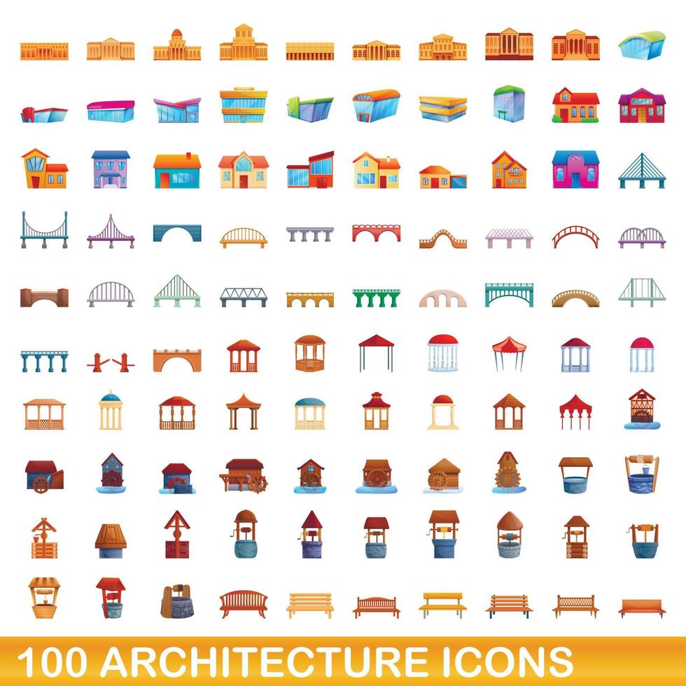 Ensemble de 100 icônes d'architecture, style dessin animé vecteur