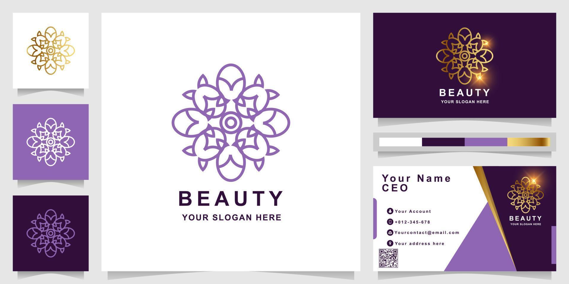 modèle de logo beauté, fleur, boutique ou ornement avec conception de carte de visite. peut être utilisé pour la création de logo de spa, de salon, de beauté ou de boutique. vecteur