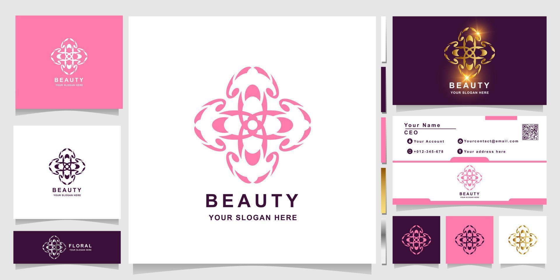 modèle de logo beauté, fleur, boutique ou ornement avec conception de carte de visite. peut être utilisé pour la création de logo de spa, de salon, de beauté ou de boutique. vecteur